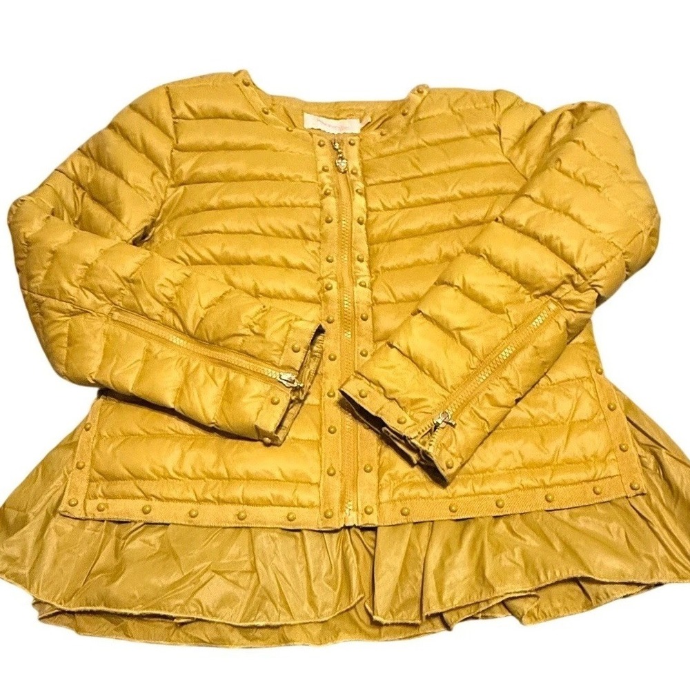 Hopeshow Classic Women XL Puffer Jacket Mustard Yellow Ruffled Hem Studded